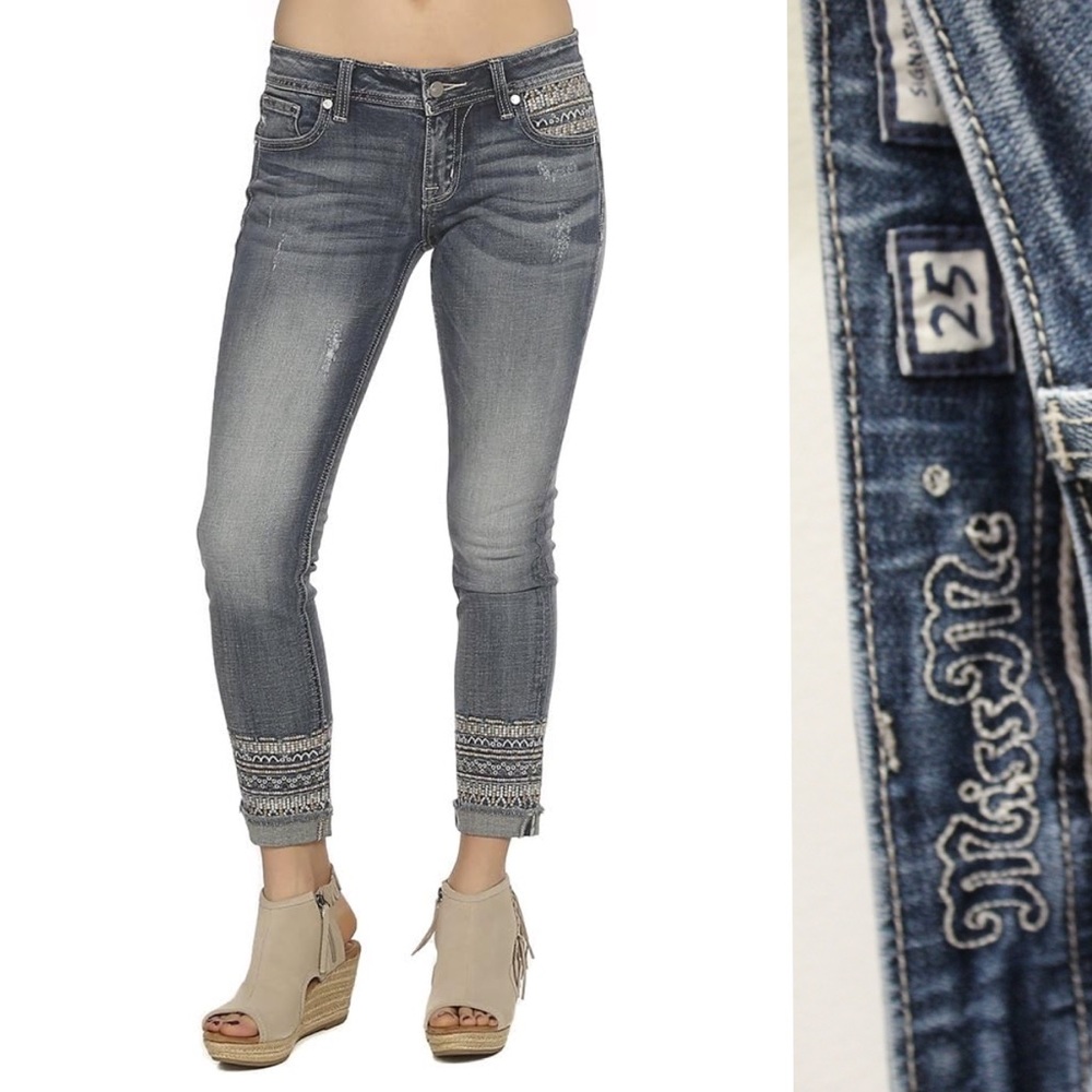 Miss Me Boho Emboidered Raw Hem Ankle Skinny Jeans 25 0 Preowned